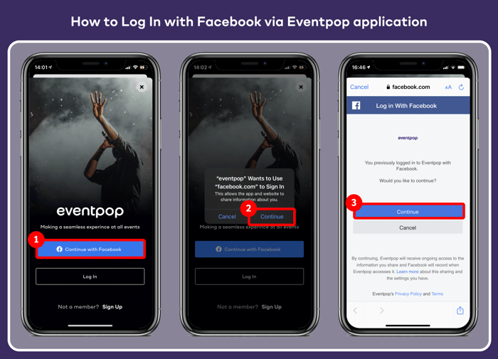 How to log in with facebook on Eventpop application